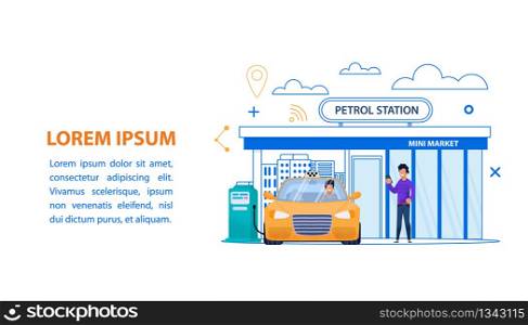 Petrol Station Line Illustration. Yellow Taxi with Driver Refill Car. Fuel Service and Shop in Urban Cityscape. Automobile Gasoline Power Flat Banner. Gas Filling Industry Vector Landing Page.. Petrol Station Line Illustration. Yellow Taxi Fuel