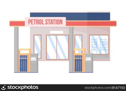Petrol station semi flat color vector object. Editable figure. Full sized item on white. Gasoline simple cartoon style illustration for web graphic design and animation. Bebas Neue font used. Petrol station semi flat color vector object