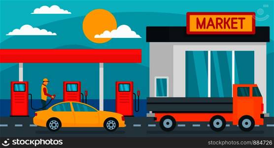 Petrol station with market background. Flat illustration of petrol station with market vector background for web design. Petrol station with market background, flat style