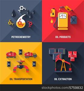 Petroleum design concept set with petrochemistry oil products transportation and extraction flat icons isolated vector illustration. Petroleum Design Concept Set
