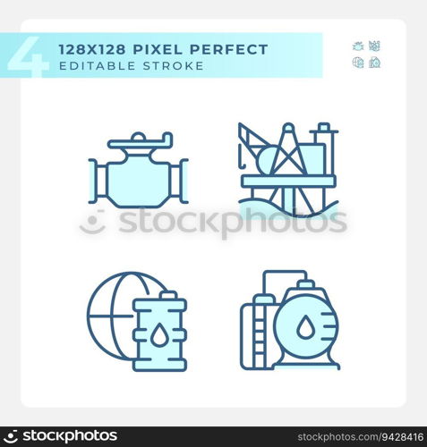 Petroleum distribution light blue icons. Energy infrastructure. Oil and gas industry. Offshore drilling. RGB color. Website icons set. Simple design element. Contour drawing. Line illustration. Petroleum distribution light blue icons