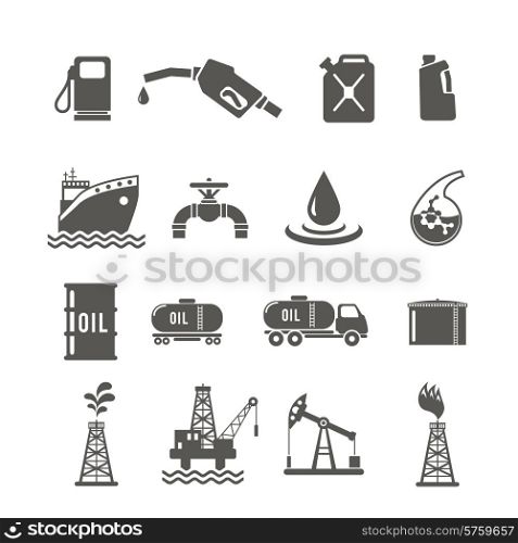 Petroleum industry black icon set with fuel tanker transportation terminal drilling well isolated vector illustration. Petroleum Industry Icon Set