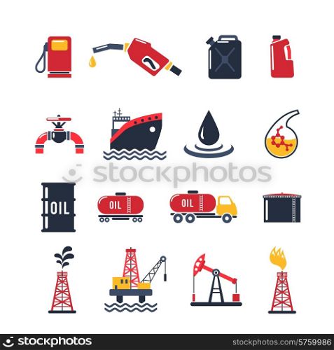Petroleum industry flat icon set isolated with drilling process gasoline pump oil can isolated vector illustration. Petroleum Industry Icon Set