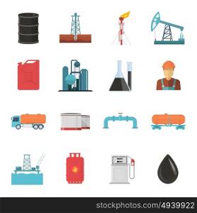 Petroleum Industry Icon Set. Oil and gas industry isolated icon set with power plants vessels jars pumping units and vehicles vector illustration