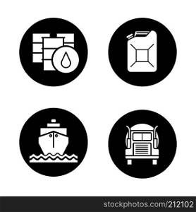 Petroleum industry icons set. Oil barrels and gasoline jerrycan, cargo ship and transportation tank truck. Vector white silhouettes illustrations in black circles. Petroleum industry icons set