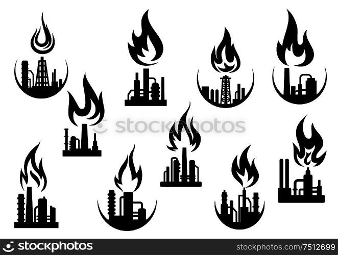 Petroleum refinery and chemical industrial plant icons set with silhouettes of flare stacks, pipes and flames above them, for oil and gas industry theme. Black icons of industrial plants and factories