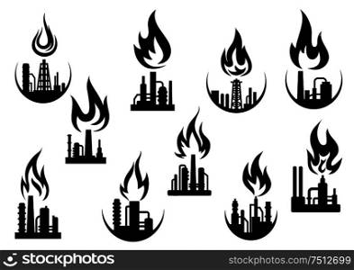 Petroleum refinery and chemical industrial plant icons set with silhouettes of flare stacks, pipes and flames above them, for oil and gas industry theme. Black icons of industrial plants and factories