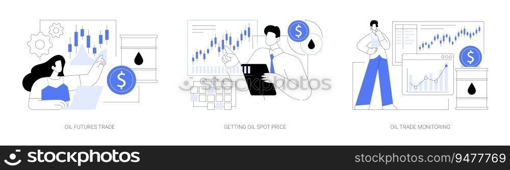 Petroleum stock market abstract concept vector illustration set. Oil futures trade, natural gas and crude oil spot price, trade monitoring, energy resources market analysis abstract metaphor.. Petroleum stock market abstract concept vector illustrations.