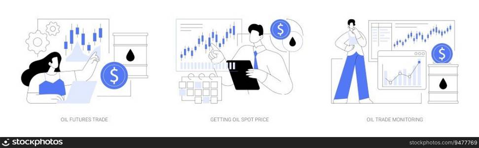 Petroleum stock market abstract concept vector illustration set. Oil futures trade, natural gas and crude oil spot price, trade monitoring, energy resources market analysis abstract metaphor.. Petroleum stock market abstract concept vector illustrations.