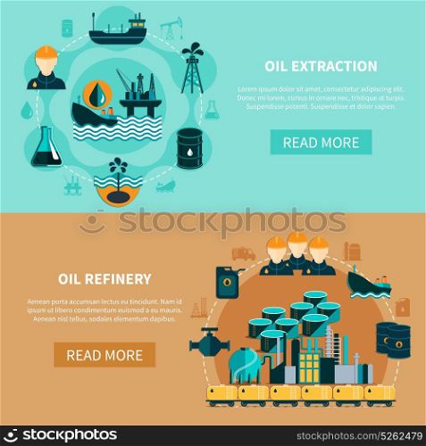 Petroleum Transportation Banners Set. Oil industry banners with images of oil tank cars tankers petroleum refinery with read more button vector illustration
