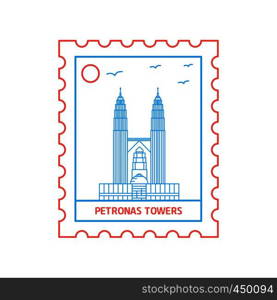 PETRONAS TOWERS postage stamp Blue and red Line Style, vector illustration