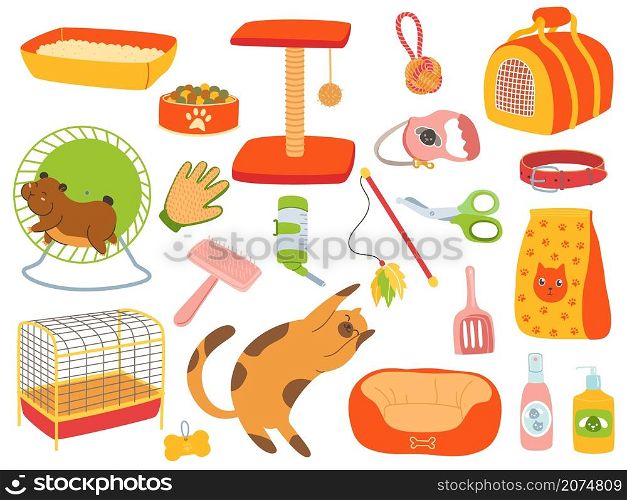 Pets accessories. Domestic animals care tools. Veterinary store. Birds cages. Soft beds and carriers for cat. Scratching post. Hamster in wheel. Puppy toys. Canine food in feeder. Vector vet goods set. Pets accessories. Domestic animals care tools. Veterinary store. Birds cages. Beds and carriers for cat. Scratching post. Hamster in wheel. Puppy toys. Canine food. Vector vet goods set