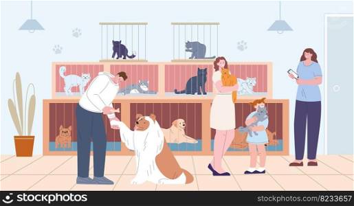 Pets adoption from animal shelter. People hold kitten and dog. Flat cartoon cats and dogs in cages. Volunteer adopted puppy, kicky care vector concept. Illustration of animal pet shelter. Pets adoption from animal shelter. People hold kitten and dog. Flat cartoon cats and dogs in cages. Volunteer adopted puppy, kicky care vector concept