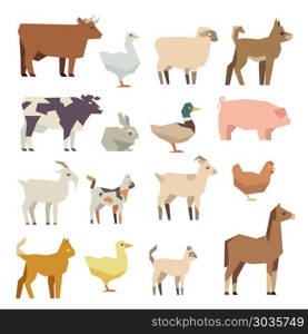 Pets and farm animals vector flat icons set. Pets and farm animals vector flat icons set. Polygonal animal hen and cattle, lamb and duck, illustration figure colored farm animal