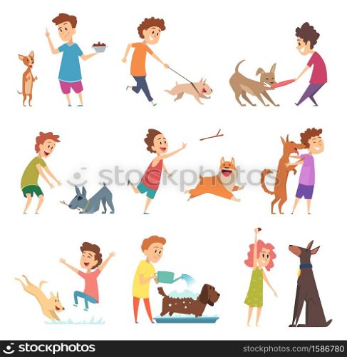 Pets and kids. Happy little puppy dogs and their owners hugging playing smiling feeding vector animals. Illustration feeding and walking dog, funny and adorable pets. Pets and kids. Happy little puppy dogs and their owners hugging playing smiling feeding vector animals