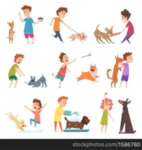 Pets and kids. Happy little puppy dogs and their owners hugging playing smiling feeding vector animals. Illustration feeding and walking dog, funny and adorable pets. Pets and kids. Happy little puppy dogs and their owners hugging playing smiling feeding vector animals