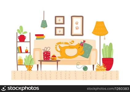 Pets birthday concept - fat cat in festive hat lies on sofa and pilllow in cozy room, gift boxes and surprises for kitten, house plants, lamp, pictures in home interior - vector cartoon illustration. cats birthday party set - vector