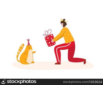 Pets birthday concept - girl gives gift box to cute red cat in festive hat, surprise for adorable kitten, celebrate and holiday, birthay party animal and peole together, vector cartoon illustration. cats birthday party set - vector