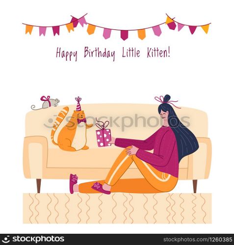 Pets birthday concept - girl gives gift box to red cat in festive hat, cozy room interior with holiday decorations, surprise for kitten, domestic animal and peole together, vector cartoon illustration. cats birthday party set - vector