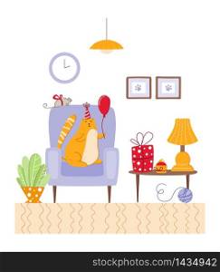 Pets birthday concept - red cat in festive hat on armchair in cozy room with holiday decorations, gift boxes surprises for kitten, house potted plants in home interior - vector cartoon illustration. cats birthday party set - vector
