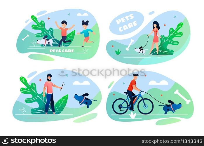 Pets Care Cartoon People and Domestic Animals Set. Scenes Bundle with Happy Children, Single Men and Woman Walking Dogs, Playing with Puppy. Spending Time Outdoors. Vector Flat Illustration. Pets Care Cartoon People and Domestic Animals Set