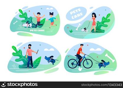 Pets Care Cartoon People and Domestic Animals Set. Scenes Bundle with Happy Children, Single Men and Woman Walking Dogs, Playing with Puppy. Spending Time Outdoors. Vector Flat Illustration. Pets Care Cartoon People and Domestic Animals Set