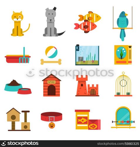 Pets flat icons set with cat dog fishes and bird isolated vector illustration. Pets Icons Set