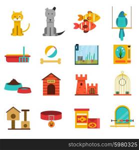 Pets flat icons set with cat dog fishes and bird isolated vector illustration. Pets Icons Set