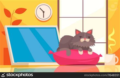 Pets growth stages composition with indoor scenery apartment interior elements coffee cup and cat on pillow vector illustration