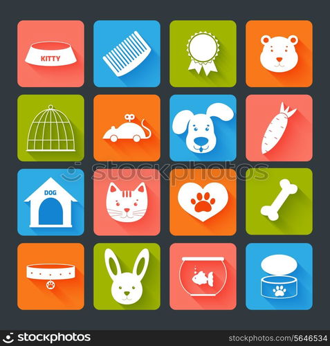 Pets icons set flat with animal food toy isolated vector illustration