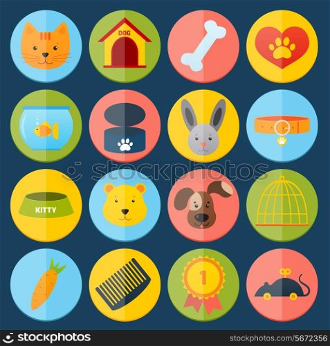 Pets icons set with cat dog fish rabbit isolated vector illustration