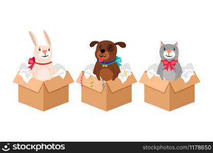 Pets in boxes. Puppy dog, cat and white rabbit pets box gifts with bows, tinsel and wrapping paper vector illustration. Pets in boxes