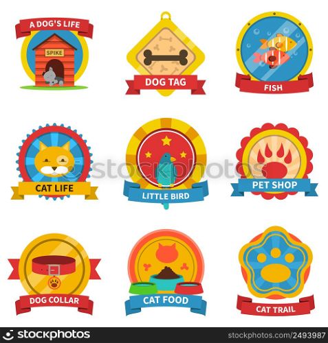 Pets label set with dog tags and cat food emblems isolated vector illustration. Pets Label Set