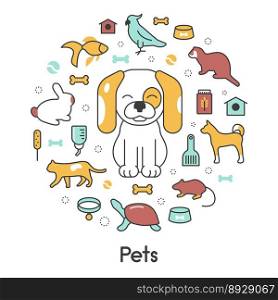 Pets line art thin icons set with dog cat vector image