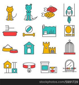 Pets line icons set with animal care symbols isolated vector illustration. Pets Line Set