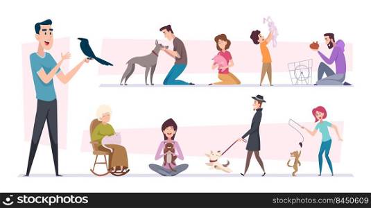 Pets owners. Dogs cats living with people funny puppy happy domestic animals playing birds fishes exact vector cartoon pictures set. Illustration of owner with cat and dog pet. Pets owners. Dogs cats living with people funny puppy happy domestic animals playing birds fishes exact vector cartoon pictures set