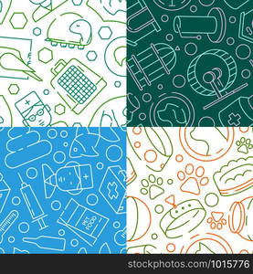 Pets pattern. Veterinary clinic icon small domestic friends dogs cats fish vector seamless background. Illustration of seamless pattern pet domestic, care for health. Pets pattern. Veterinary clinic icon small domestic friends dogs cats fish vector seamless background