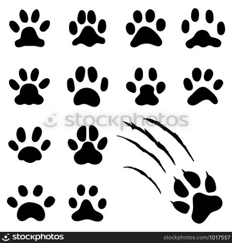 Pets paw footprint. Cat paws prints, kitten foots or dog foot print. Pet rescue logo puppy footprint marks animal shape wildlife mark dirty isolated vector symbol collection. Pets paw footprint. Cat paws prints, kitten foots or dog foot print. Pet rescue logo isolated vector symbol