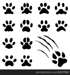 Pets paw footprint. Cat paws prints, kitten foots or dog foot print. Pet rescue logo puppy footprint marks animal shape wildlife mark dirty isolated vector symbol collection. Pets paw footprint. Cat paws prints, kitten foots or dog foot print. Pet rescue logo isolated vector symbol