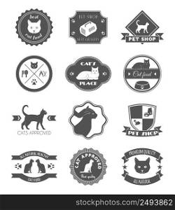 Pets place healthy food black symbols labels collection for premium quality products poster abstract isolated vector illustration. Pet shop cat black labels set
