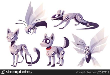 Pets robots, cyborgs cat, dog, rat and insects wasp or bee. Cartoon robotics animal characters, artificial intelligence mechanical and electronic personages isolated on white background Vector set. Pets robots, cyborgs cat, dog, rat and insects set