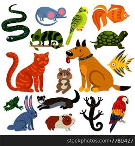 Pets set of colorful icons with cat and dog, fishes, rodents, parrots and reptiles isolated vector illustration . Pets Colorful Icons Set
