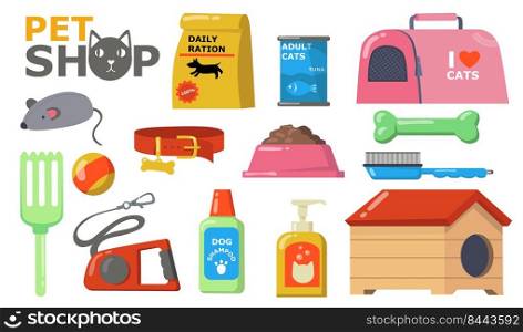 Pets supplies wet. Food and accessories for cats and dogs care, bowl, collar, brush, toys, leash, sh&oo, can, kennel. Vector illustration for pet shop, domestic animals concept