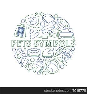 Pets symbols. Circle shape with veterinary clinic icons dogs cats fish bones vector thin pictures. Illustration of grooming and vet shop, accessory for veterinary. Pets symbols. Circle shape with veterinary clinic icons dogs cats fish bones vector thin pictures