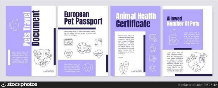 Pets travel document purple brochure template. Animal passport. Leaflet design with linear icons. Editable 4 vector layouts for presentation, annual reports. Anton-Regular, Lato-Regular fonts used. Pets travel document purple brochure template