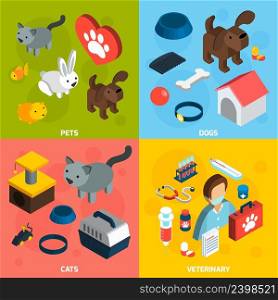 Pets veterinary design concept set with dogs and cats isometric icons isolated vector illustration. Pets Veterinary Isometric Set