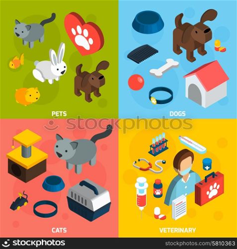 Pets veterinary design concept set with dogs and cats isometric icons isolated vector illustration. Pets Veterinary Isometric Set