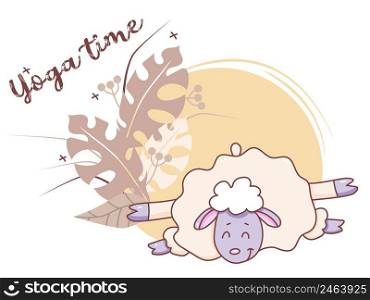 Pets yoga time. A cute lamb is doing yoga, stretching while lying in an asana. Vector illustration on a decorative background with tropical leaves and decor. Concept - yoga time. Flat design