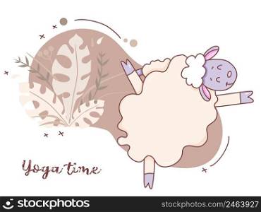 Pets yoga time. cute sheep yogi standing in an asana and stretching. Vector illustration of farm animal on a background with tropical leaves. postcard design, advertising, healthy lifestyle and sports