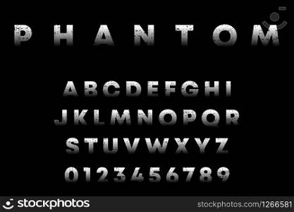 Phantom alphabet template. Letters and numbers with grunge texture. Vector illustration.. Phantom alphabet template. Letters and numbers with grunge texture. Vector illustration